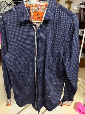 Eight X Mens XL Designer Button Up Dress Shirt Navy Micro Square Print Flip Cuff